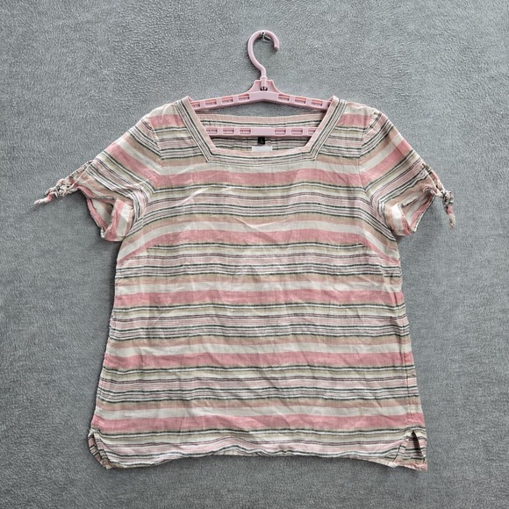 Talbots Women Blouse M Pink Black Beige Striped Linen Tie Square Neck Pullover